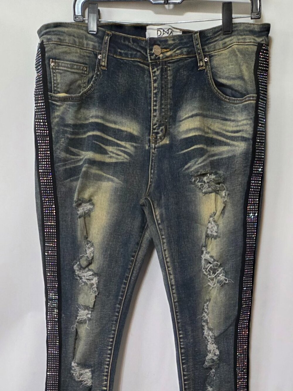 DNA Premium Wear Dark Distressed Rhinestone Jeans (Size 36)